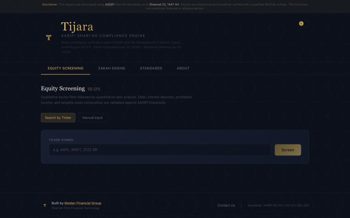 Tijara dashboard screening a stock against AAOIFI Shari'ah standards